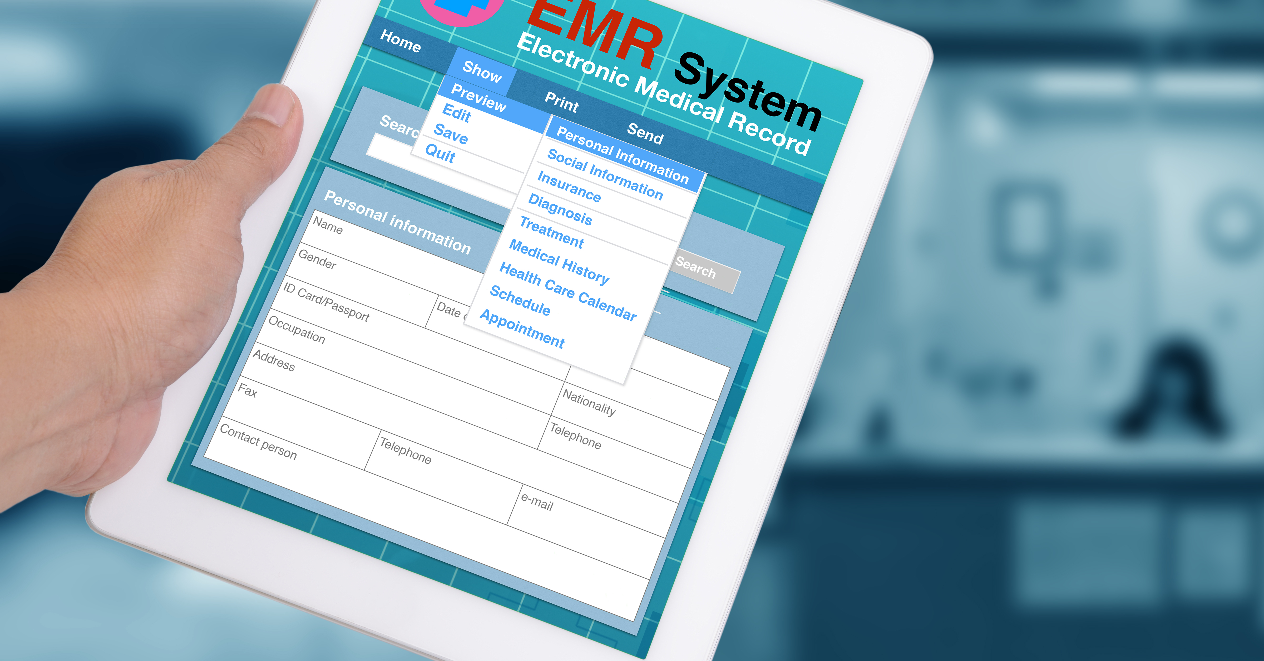 Hand holding tablet showing EMR System — Electronic Medical Record app